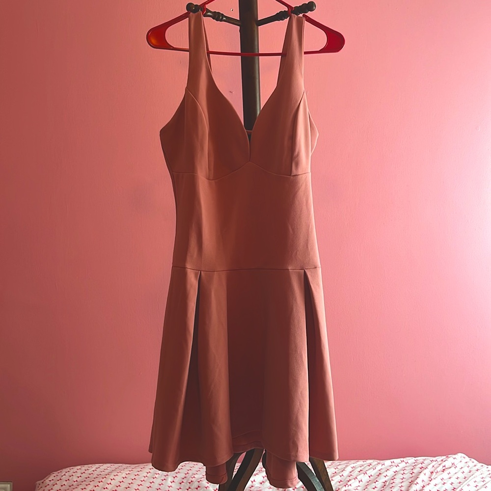 Drop Hem Plunge Rose Colored Skater Dress